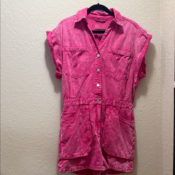 Blank NYC Pants - Hot Pink Short Sleeve Denim Romper, Excellent Condition, Size L